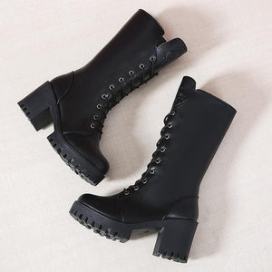 Women chunky heel platform lace up side zipper black mid calf boots