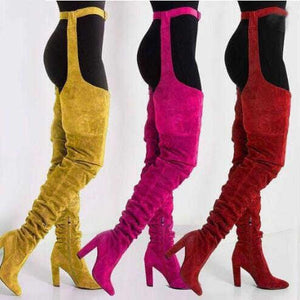 Women fashion chunky heel pointed toe faux fur thigh high boots