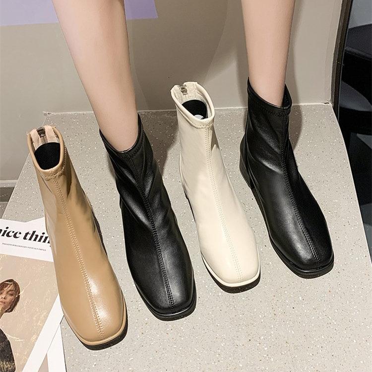 Women chunky heel back zipper short square toed boots