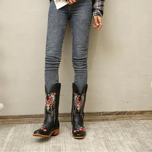 Women flower embroidered mid calf slip on chunky heel boots