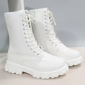 Women combat boots England style mid calf chunky platform boots with side zipper