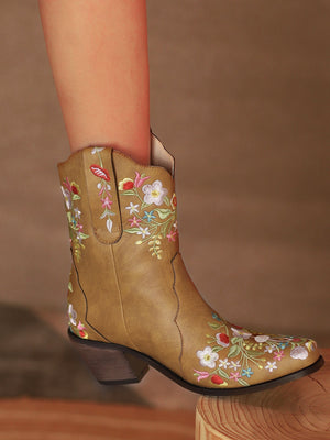 Women brown chunky heel embroidered flower short fall boots