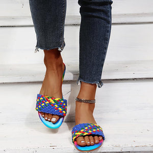 Women woven colorful strap flat slide summer beach sandals