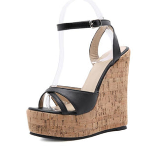 Women criss cross peep toe platform ankle buckle strap high wedge heels