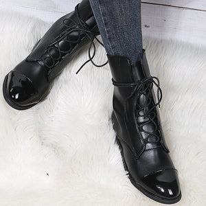 Women England style pointed toe lace up low heel booties