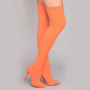 Women sexy solid color stiletto pointed toe elastic over the knee boots