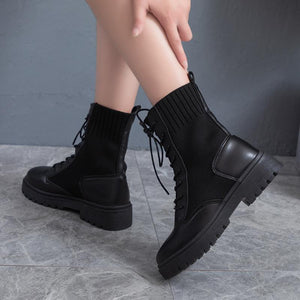 Women knit breathable chunky platform lace up short black boots