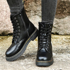 Women chunky platform lace up side zipper short motorcycle boots
