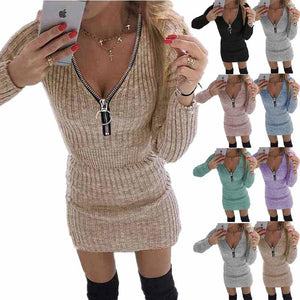 Women knit v neck zipper slim fit sexy short dress