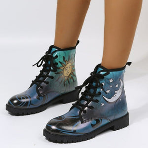 Women couple printed ankle boots short chunky low heel lace up boots high cut