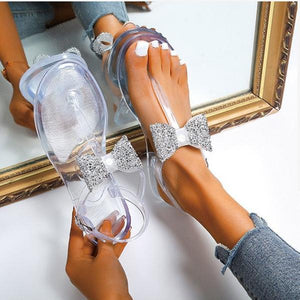 Women rhinestone bowknot ankle strap summer beach flat sandals