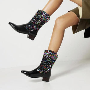 Women fashion colorful sequin pointed toe chunky heel mid calf boots