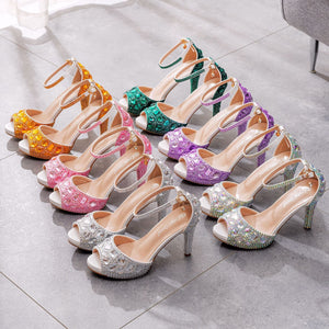 Women rhinestone peep toe wedding prom buckle strap stiletto high heels