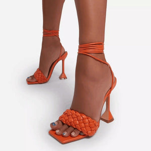 Women square peep toe woven strap ankle strappy lace up heels