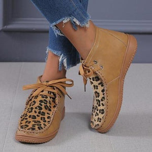 Women ankle flat heel lace up leopard booties