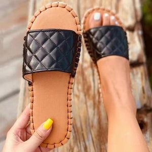 Women woven summer beach grid strap slide espadrille sandals