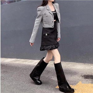 Women turn-down edge motorcycle new fashion black boots