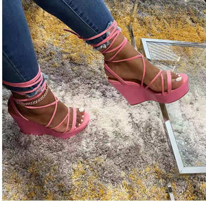 Women peep toe criss cross strappy lace up wedge sandals
