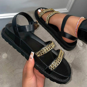 Women summer chain decor strap buckle slip on flat sandals