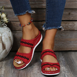 Women embroidered two strap peep toe slide sandals