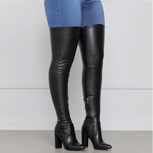 Women sexy pointed toe chunky heel over the knee boots