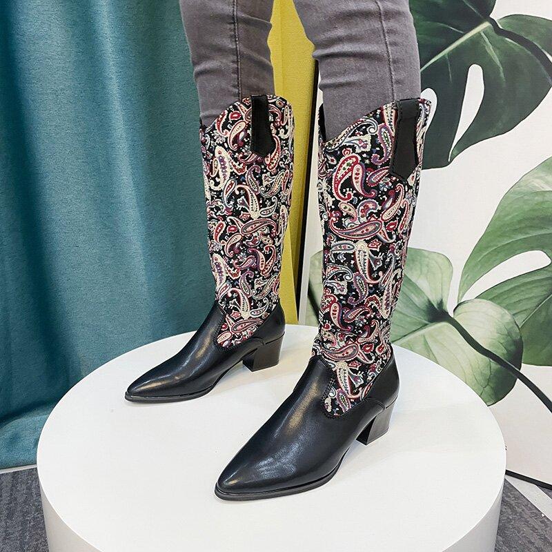 Women pointed toe chunky heel embroidered flower knee high boots