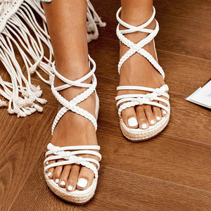 Women peep toe woven criss cross strap summer espadrille sandals