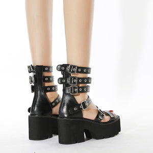 Women punk buckle strap chunky platform high heel roman sandals