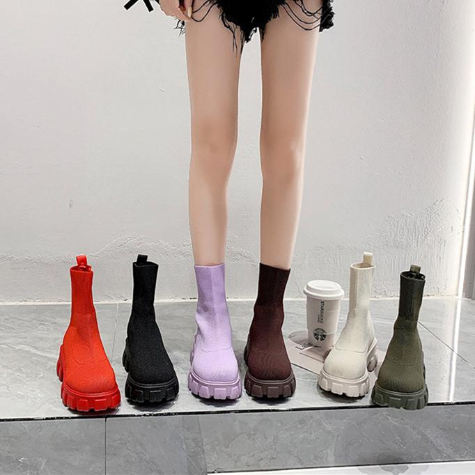 Women chunky platform solid color slip on sock booties