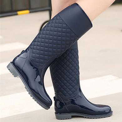 Women knee high stitching plaid chunky platform rain boots