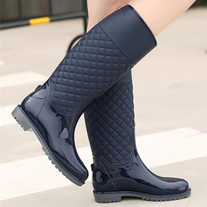 Women knee high stitching plaid chunky platform rain boots