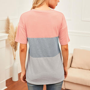 Women criss cross stitching color block short sleeve crew neck shirt