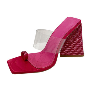 Women rhinestone square toe clear strap slide chunky heels