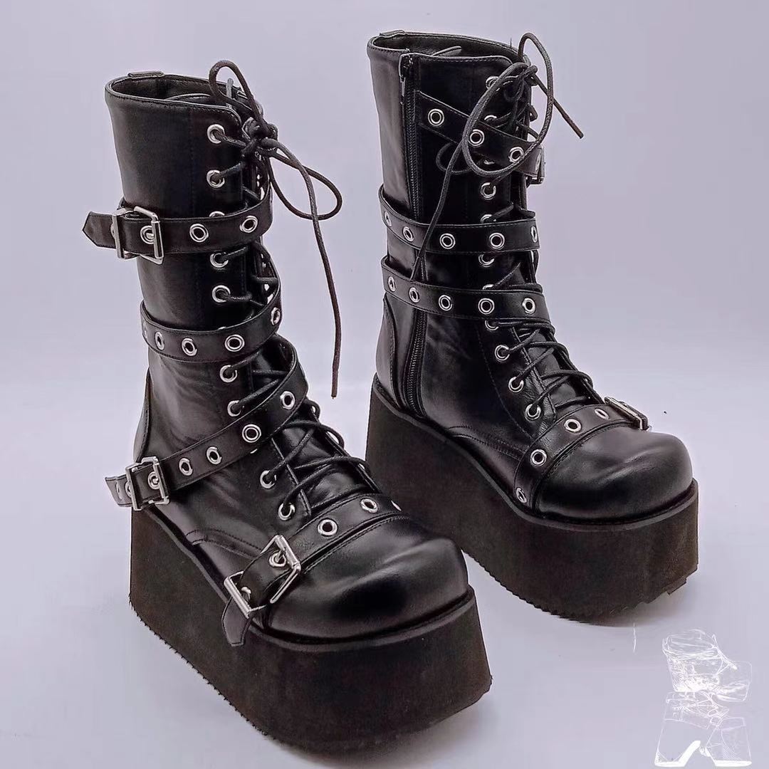 Women chunky platform lace up short black motorcycle boots