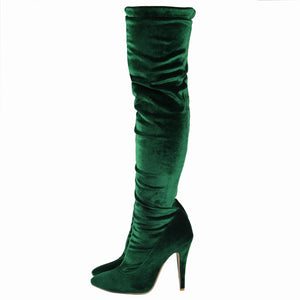 Women faux suede pointed toe stiletto high heel side zipper over the knee boots