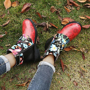 Women bohemia buckle strap flower embroidered chunky short boots