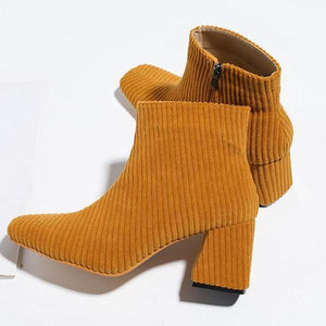 Women chunky heel striped side zipper short square toed boots