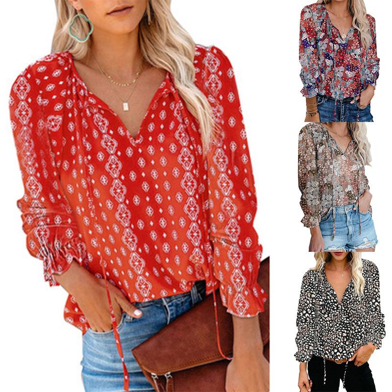 Women flower printed lantern long sleeve v neck tops