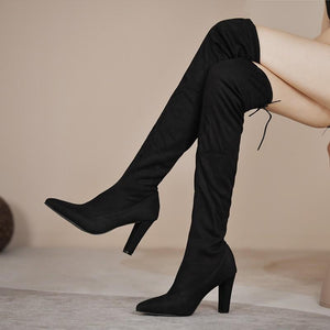 Women chunky heel pointed toe lace up over the knee boots