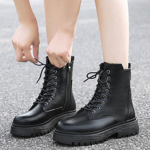 Women short black chunky platform side zipper lace up boots