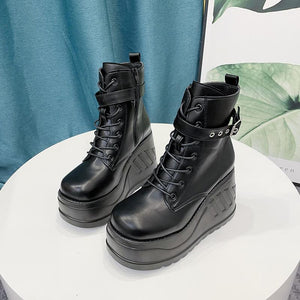 Women ankle buckle strap lace up black chunky platform boots