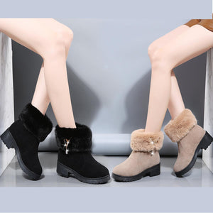 Women chunky heel rhinestone pendant faux fur short snow boots