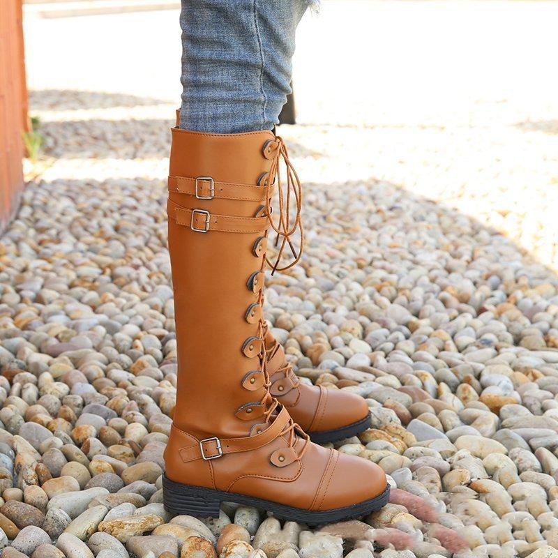 Women buckle strap criss cross lace up knee high boots