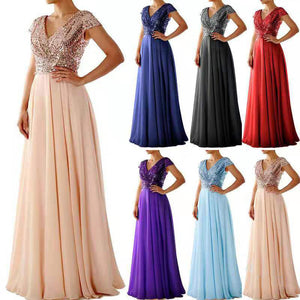 V neck sleevesless sequins patchwork flare maxi dress | Summer evening gowns formal party bridesmaid dress