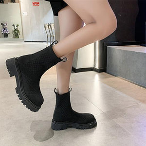 Women knit sock breathable slip on chunky platform short black boots