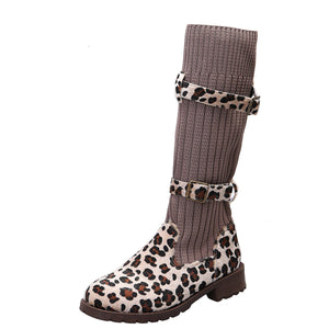 Women sock double buckle strap chunky heel mid calf boots