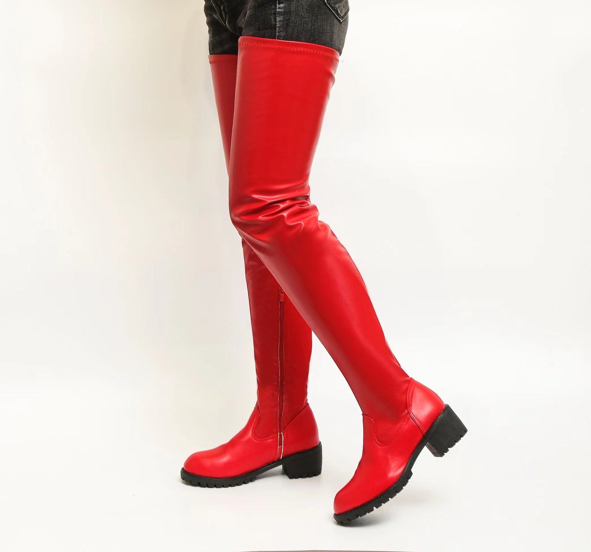 Women chunky heel thick sole solid color over the knee boots