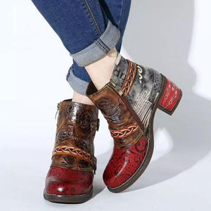 Women retro buckle strap flower chunky heel ankle boots
