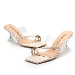 Women rhinestone ring toe clear strap slip on chunky heels
