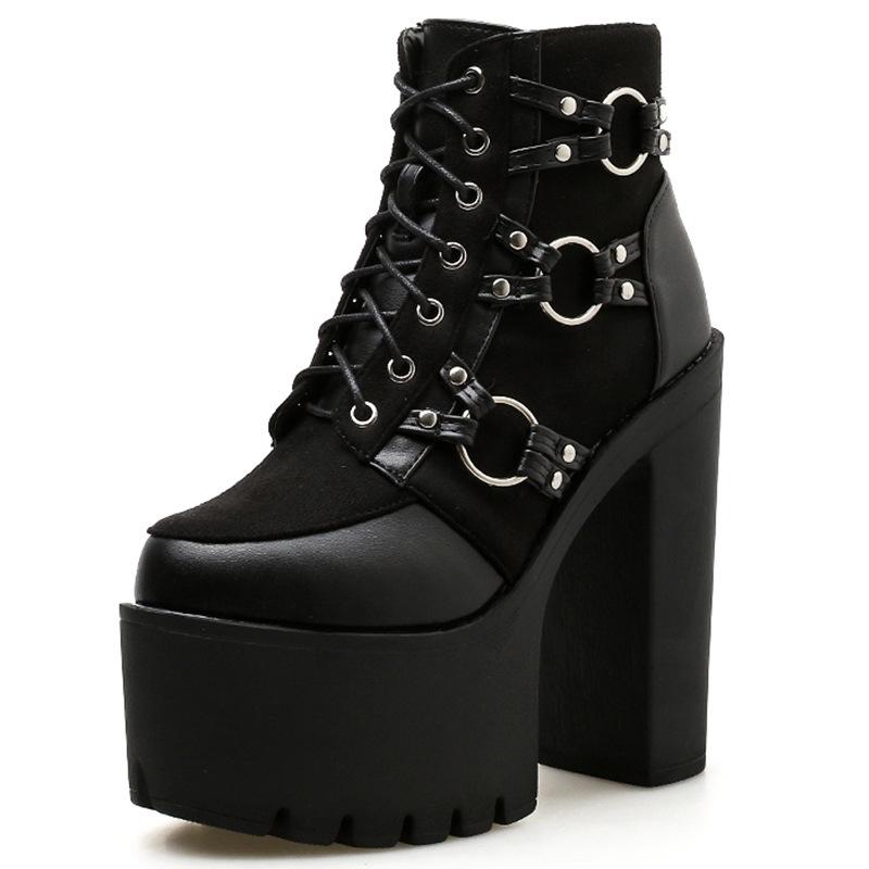 Women platform chunky heel lace up prom punk black boots